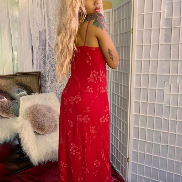 SOLD • 90s Holly Sparkle Floral Bodycon Maxi Dress - Picture 3 of 7